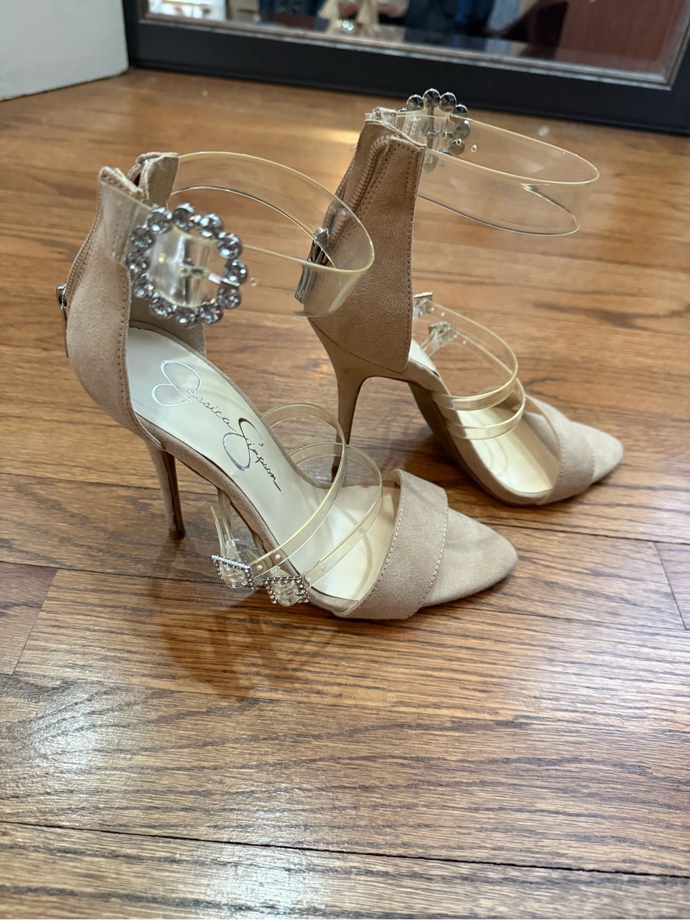 5 for $25! Nude Suede Stiletto with Clear Straps & Crystal Buckles